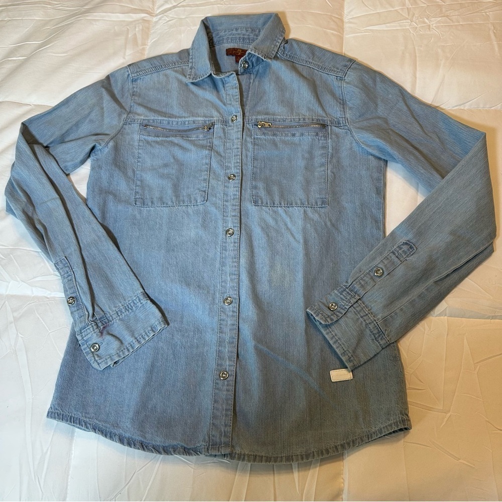 7 For All Mankind Blue Denim Chambray Zip Pockets 100% Cotton Shirt Blouse(b4